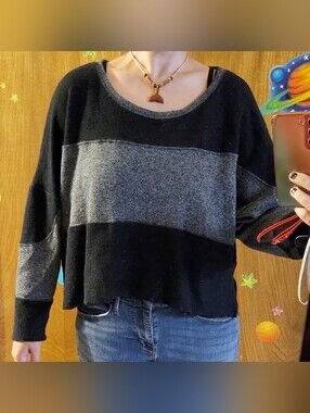 Anama Scoop Neck Knit Sweater Black Grey Stripes Colorblock Anamá Drop Shoulder